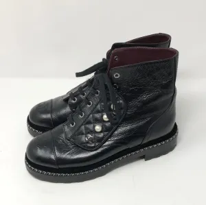 Chanel Black Crackled Calfskin Velvet Pearl Combat Short Boots