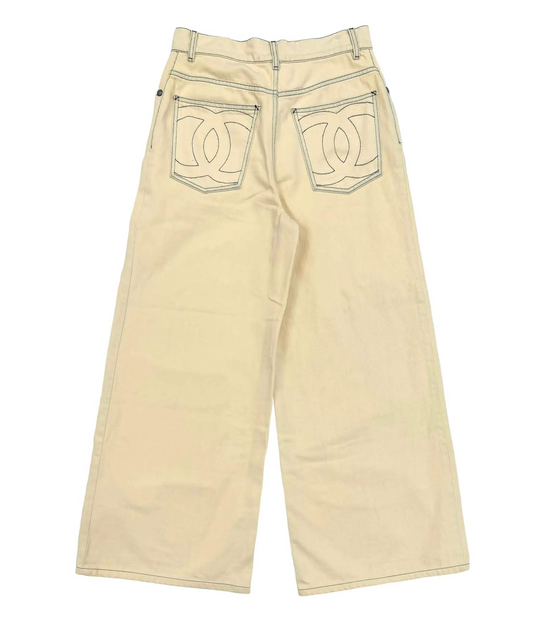 Chanel Cream Wide Leg Logo Jeans