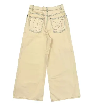 Chanel Cream Wide Leg Logo Jeans