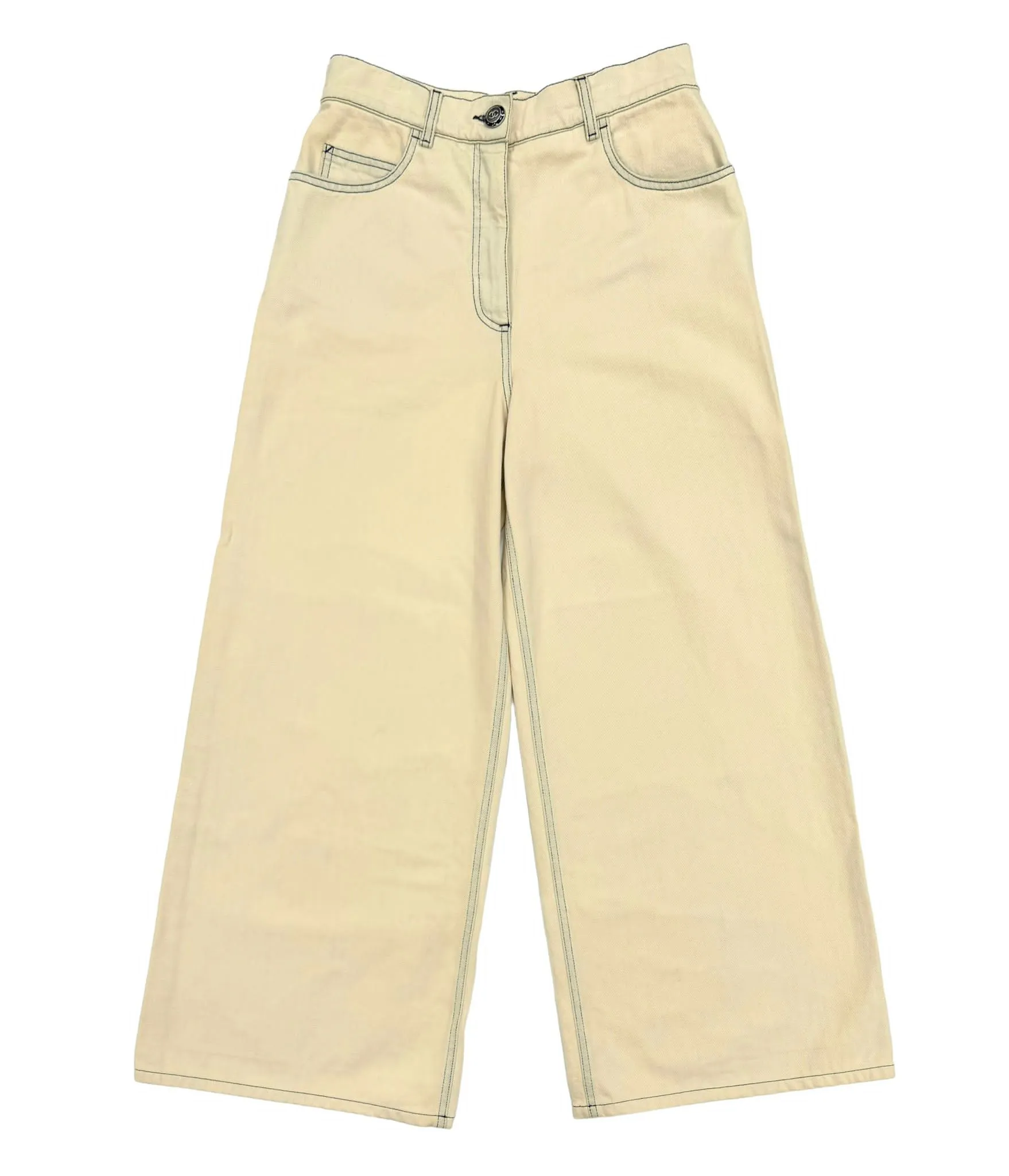 Chanel Cream Wide Leg Logo Jeans