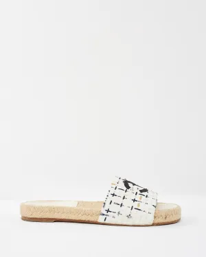 Chanel White Navy & Gold Tweed Logo Espadrille Sandals - 38