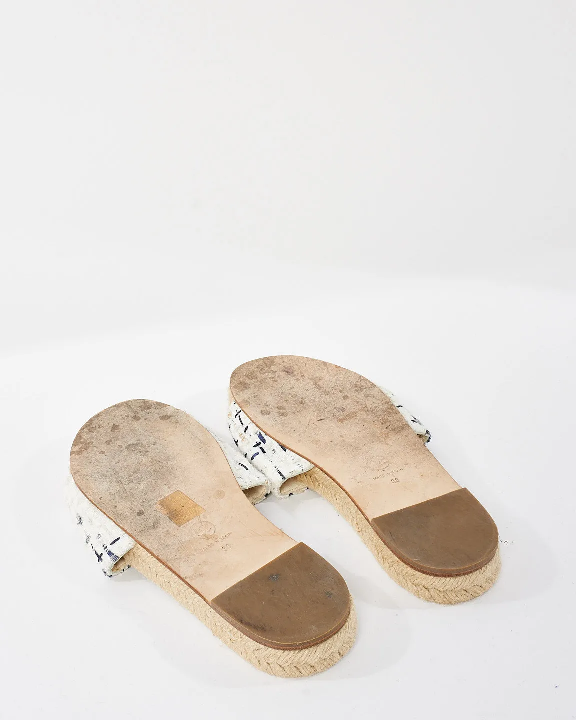 Chanel White Navy & Gold Tweed Logo Espadrille Sandals - 38