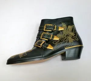 Chloé Susanna Black Leather Ankle Gold Studs Buckle Boots Studded New in Box