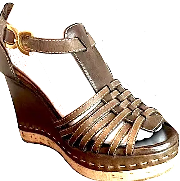 CHLOE Paris. Dark Brown Genuine Leather Goldplated Hardware Wedge Sandals SZ38IT