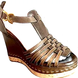CHLOE Paris. Dark Brown Genuine Leather Goldplated Hardware Wedge Sandals SZ38IT