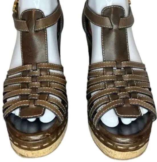 CHLOE Paris. Dark Brown Genuine Leather Goldplated Hardware Wedge Sandals SZ38IT