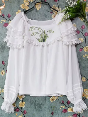 Classic Lolita Blouses Lolita Top Infanta White Long Sleeves Lace Embroidered Floral Print Lolita Shirt