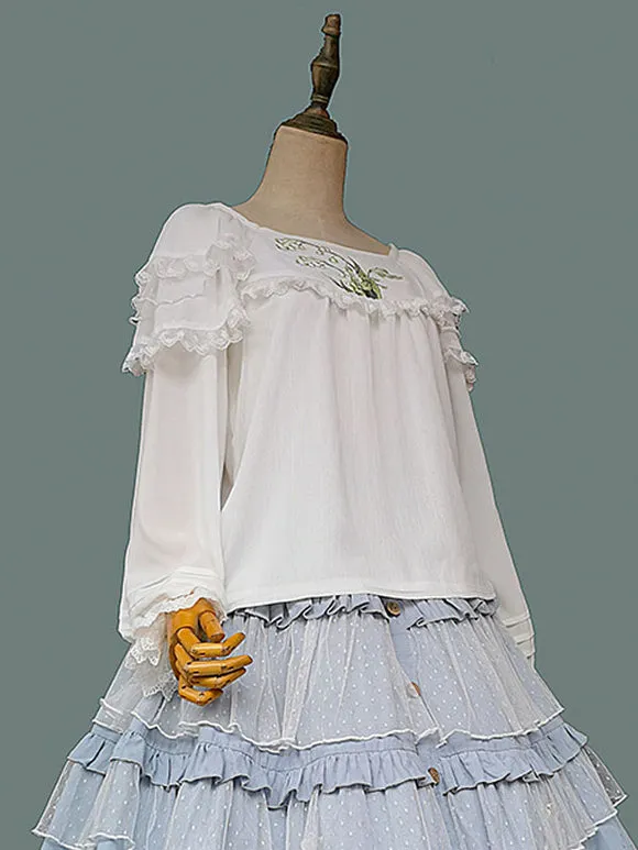 Classic Lolita Blouses Lolita Top Infanta White Long Sleeves Lace Embroidered Floral Print Lolita Shirt