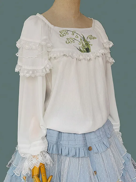 Classic Lolita Blouses Lolita Top Infanta White Long Sleeves Lace Embroidered Floral Print Lolita Shirt
