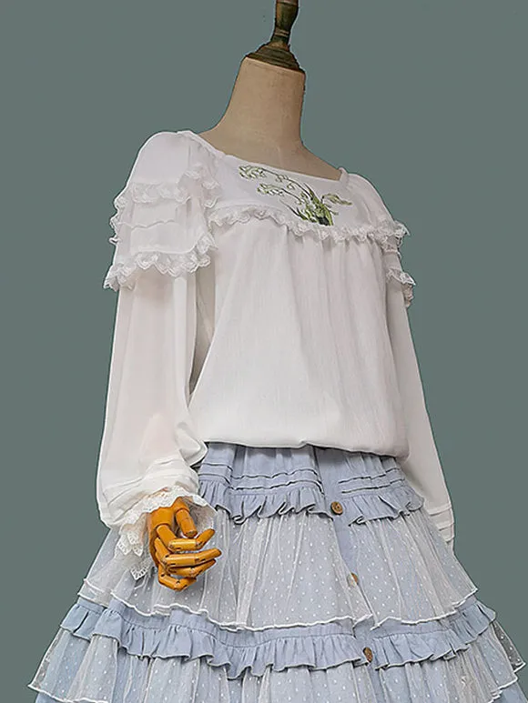 Classic Lolita Blouses Lolita Top Infanta White Long Sleeves Lace Embroidered Floral Print Lolita Shirt