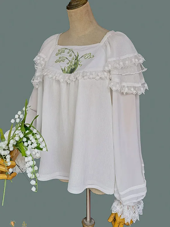 Classic Lolita Blouses Lolita Top Infanta White Long Sleeves Lace Embroidered Floral Print Lolita Shirt