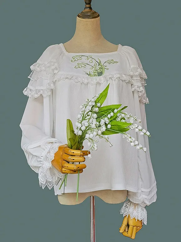 Classic Lolita Blouses Lolita Top Infanta White Long Sleeves Lace Embroidered Floral Print Lolita Shirt