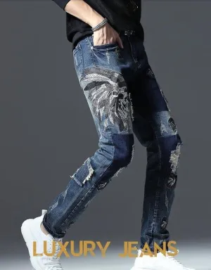 Célèbre marque Fashion Designer Jeans Hommes coupe droite slim Couleur Imprimé Hommes 100% Coton