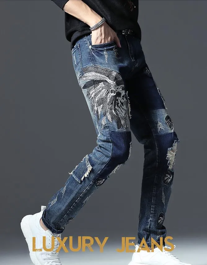 Célèbre marque Fashion Designer Jeans Hommes coupe droite slim Couleur Imprimé Hommes 100% Coton