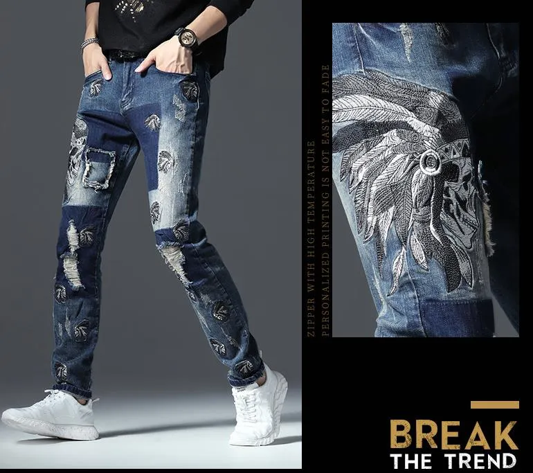 Célèbre marque Fashion Designer Jeans Hommes coupe droite slim Couleur Imprimé Hommes 100% Coton