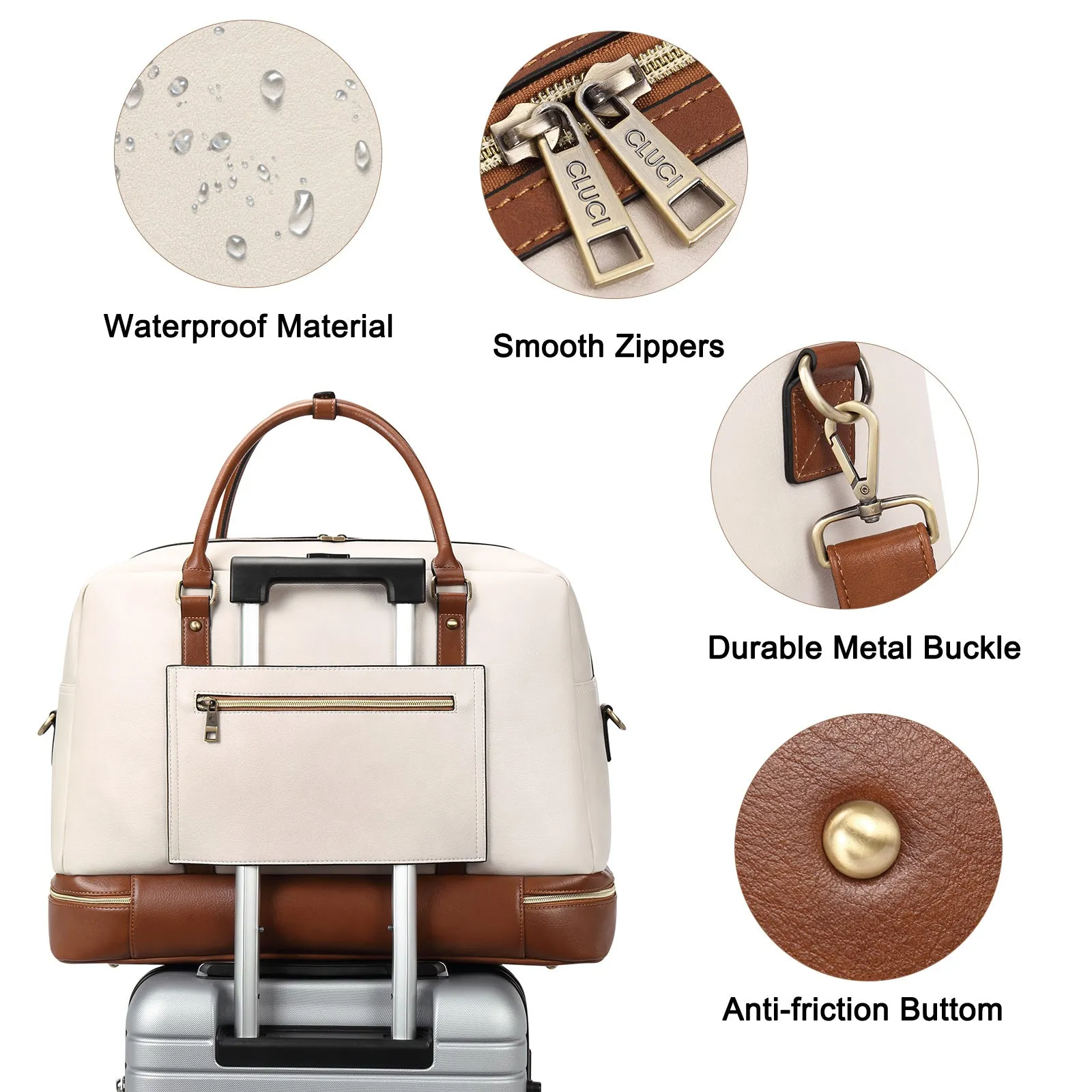 CLUCI Weekender Bag for Women Travel Leather Duffel Bag Carry on Overnight Bag Beige with Brown