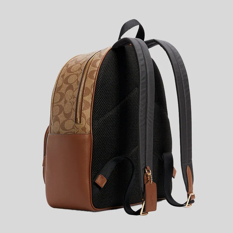 Coach Court Backpack In Signature Canvas Khaki Saddle RS-5671
