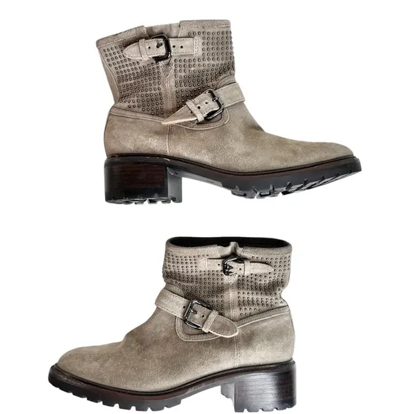 COACH Gates Studded Moto Boots Ankle Combat Taupe Gray SZ 7