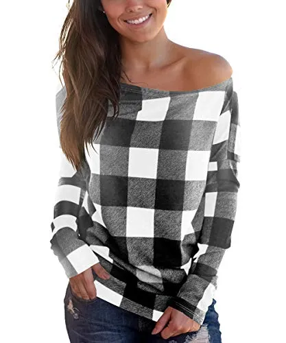 Cosonsen Off Shoulder Plaid Blouse