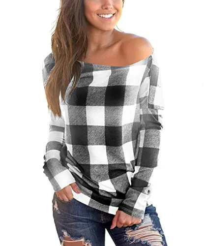 Cosonsen Off Shoulder Plaid Blouse