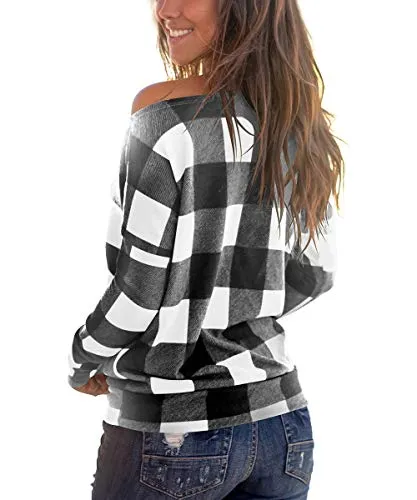 Cosonsen Off Shoulder Plaid Blouse