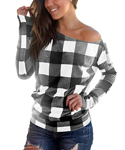 Cosonsen Off Shoulder Plaid Blouse