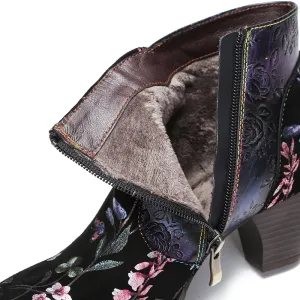 CrazycatZ Womens  Boots Floral Block Heel Leather Western Boots Colorful Leather Boots 23-B