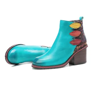 CrazycatZ Womens  Boots Floral Block Heel Leather Western Boots Colorful Leather Boots 307