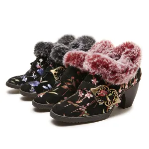 CrazycatZ Womens  Boots Fur lined  Block Heels Leather  Colorful Ankle Boots Black