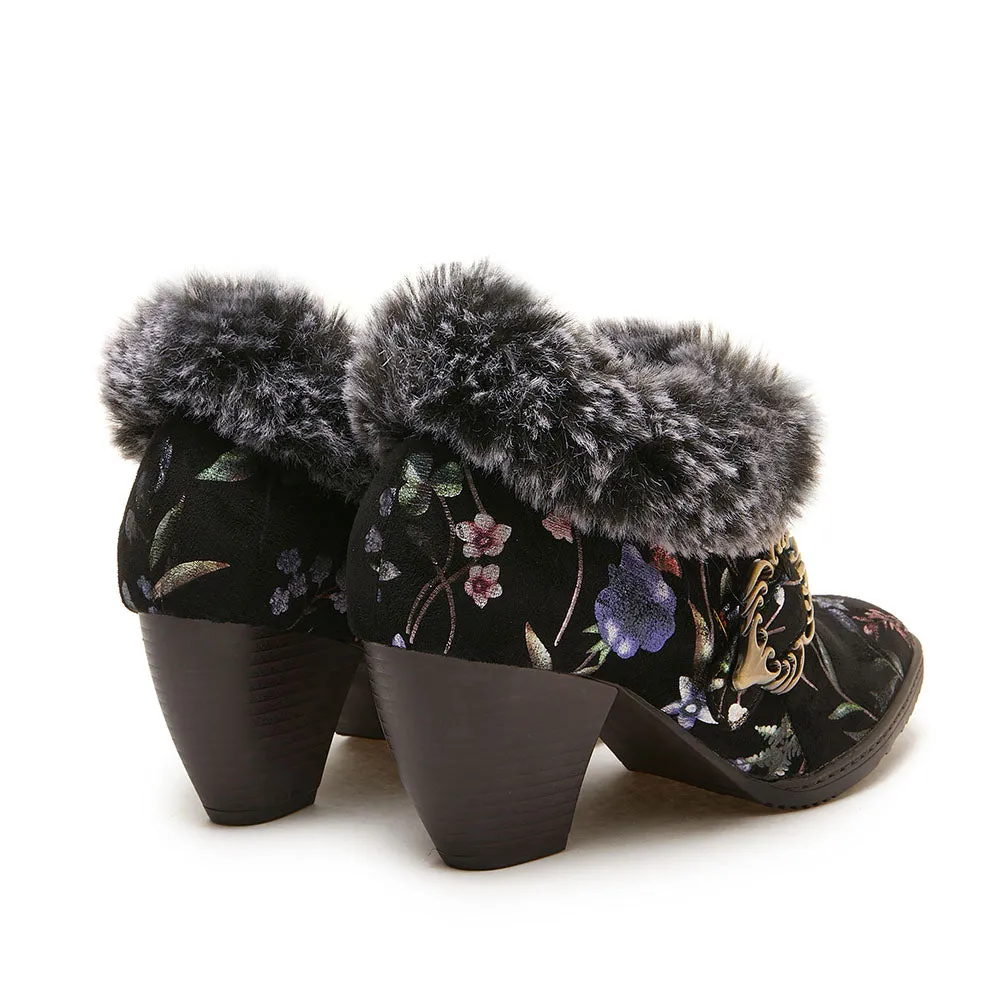 CrazycatZ Womens  Boots Fur lined  Block Heels Leather  Colorful Ankle Boots Black