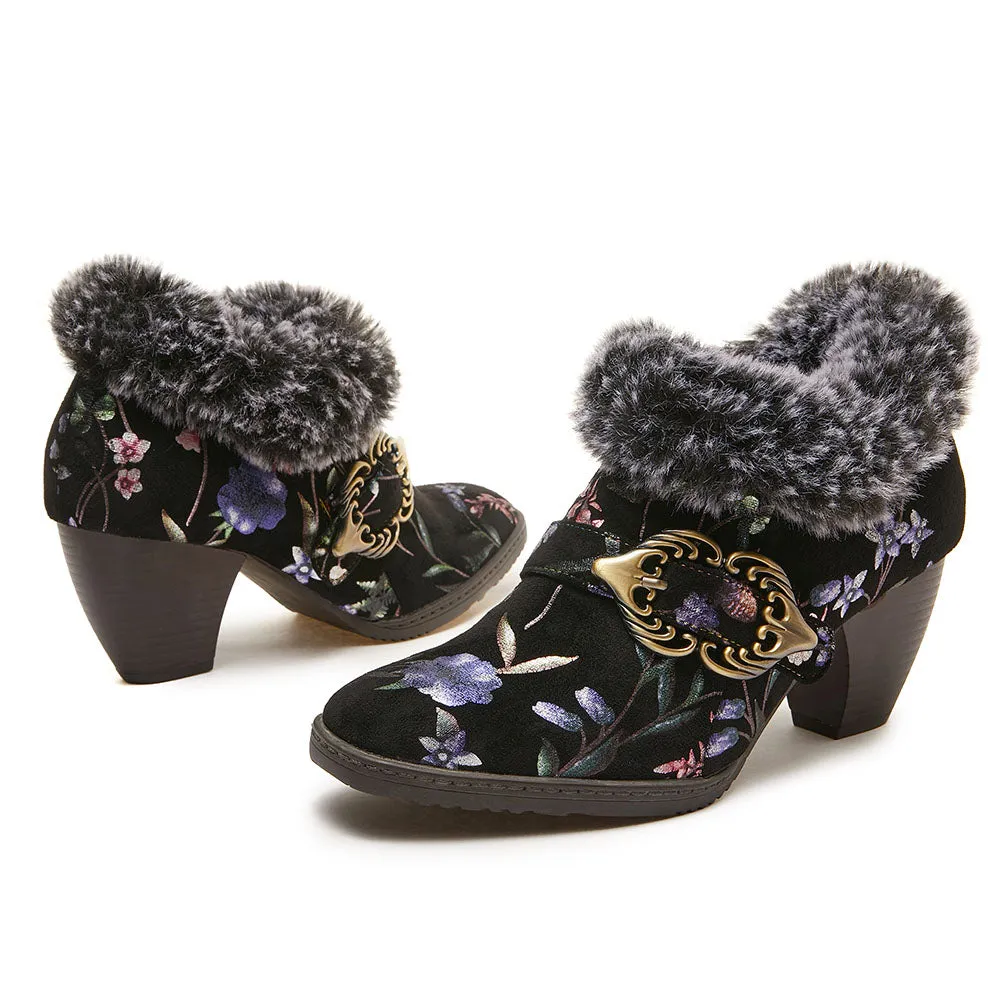 CrazycatZ Womens  Boots Fur lined  Block Heels Leather  Colorful Ankle Boots Black