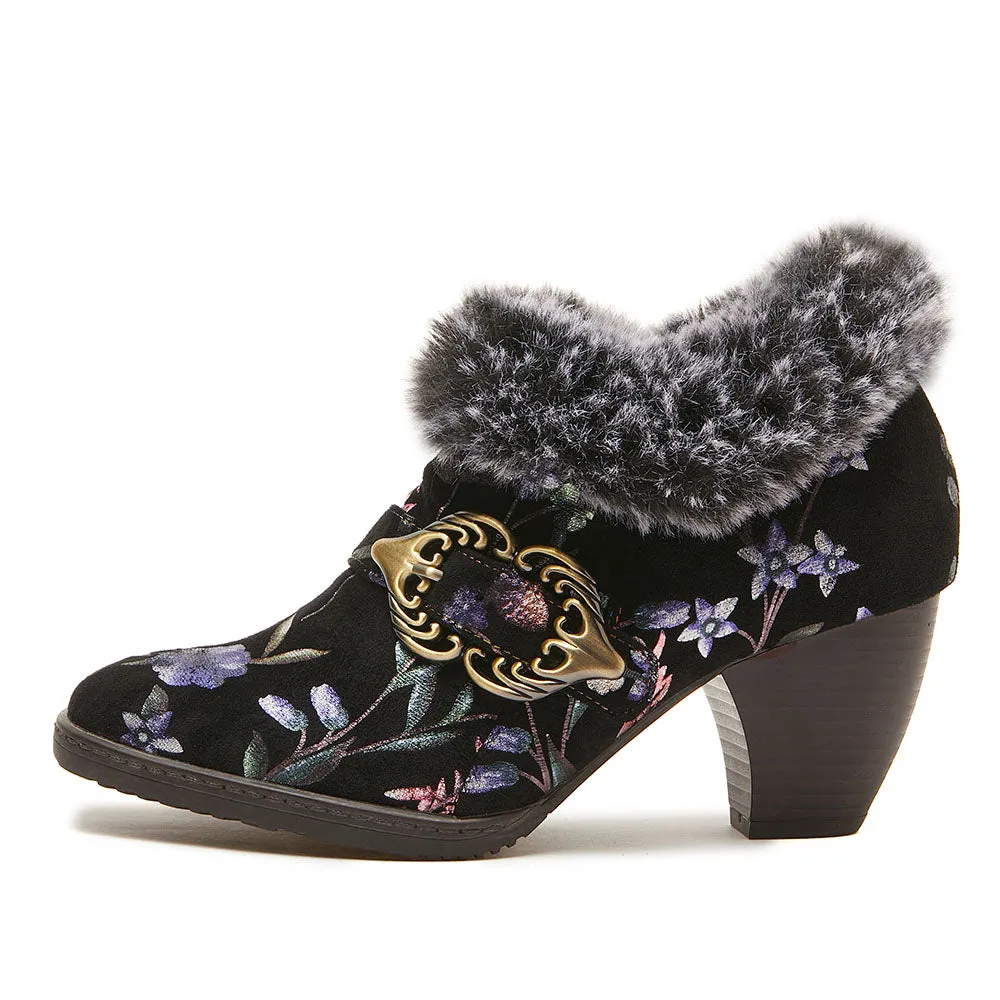 CrazycatZ Womens  Boots Fur lined  Block Heels Leather  Colorful Ankle Boots Black