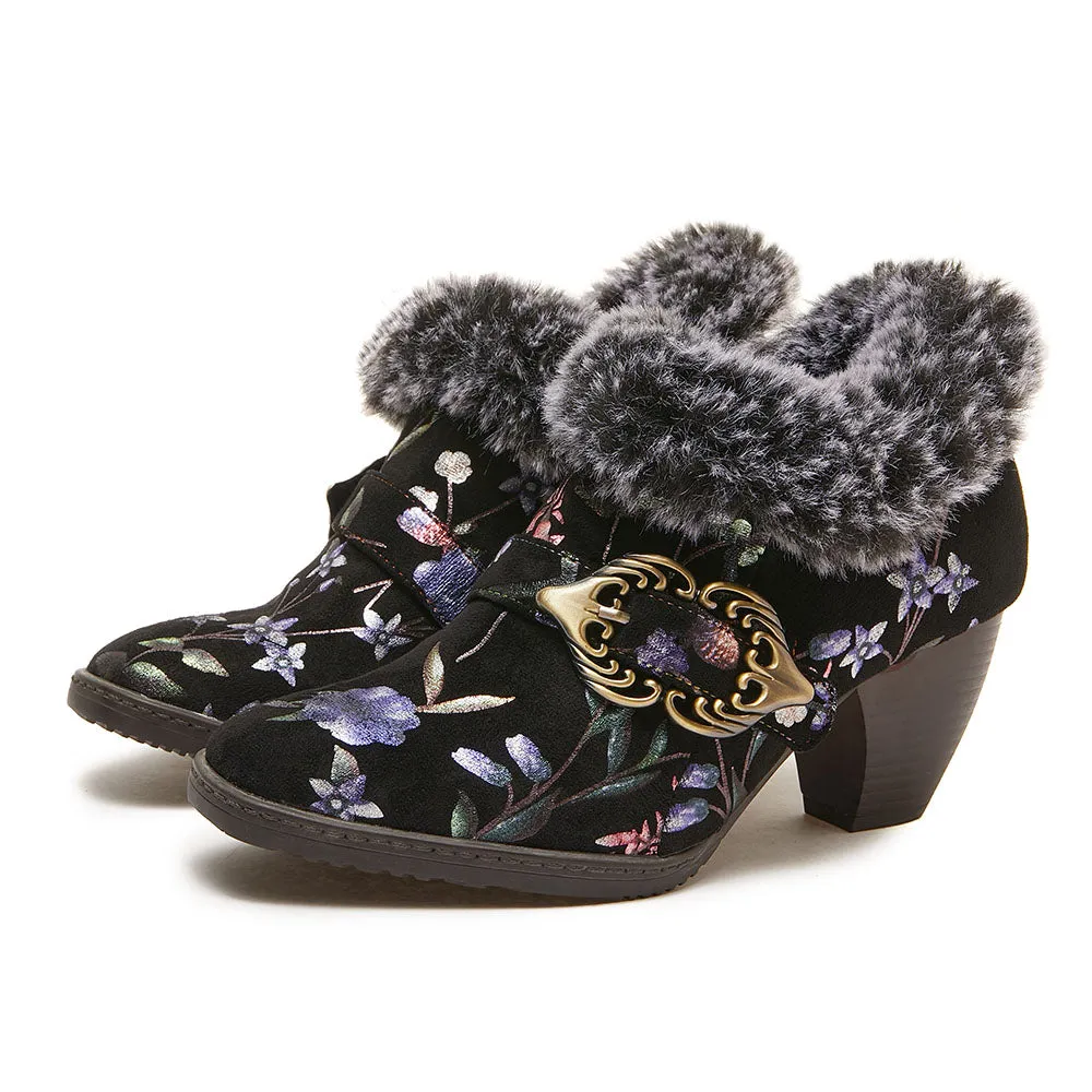 CrazycatZ Womens  Boots Fur lined  Block Heels Leather  Colorful Ankle Boots Black