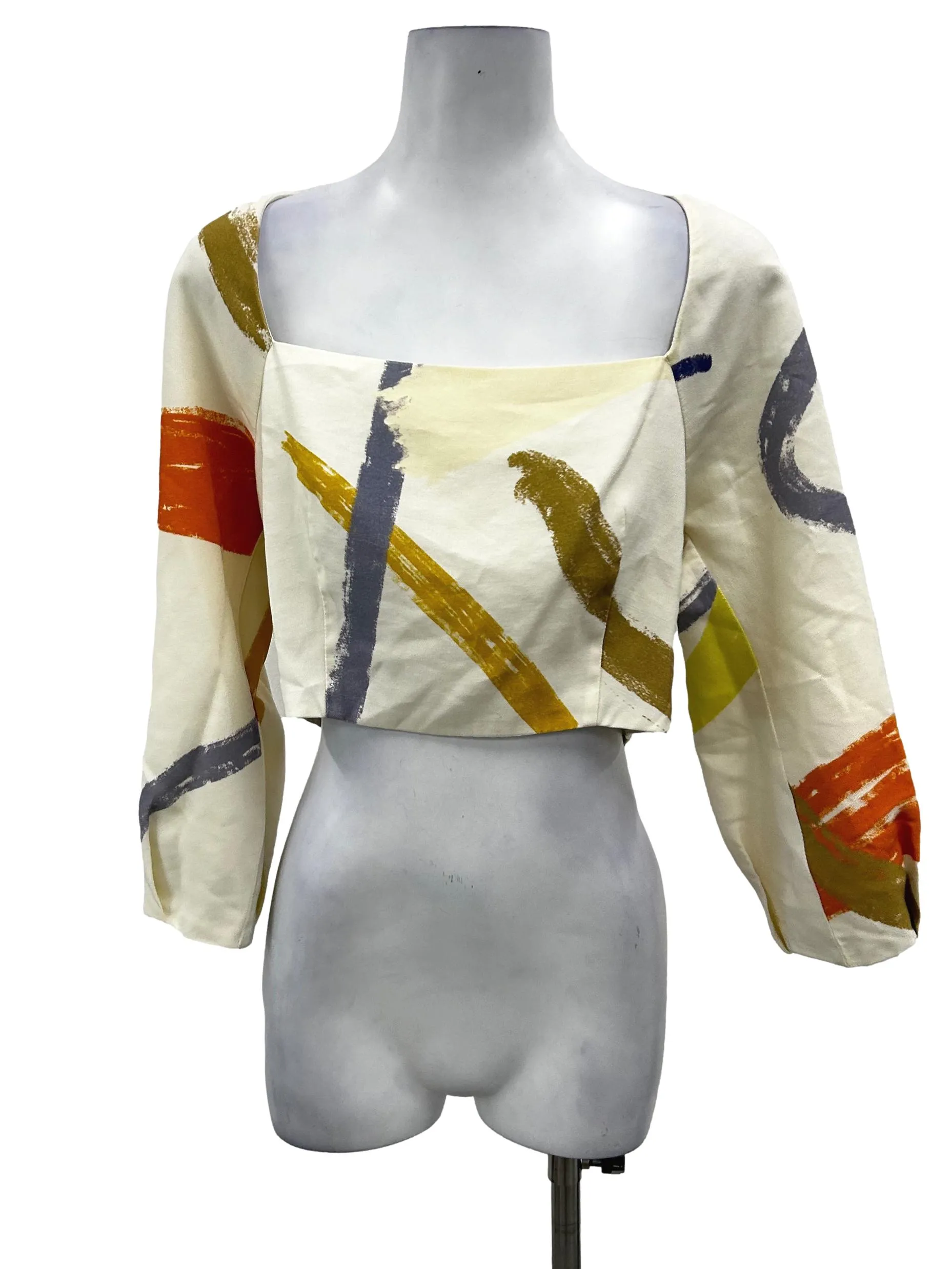 Cream Printed Cropped Blouse OSN
