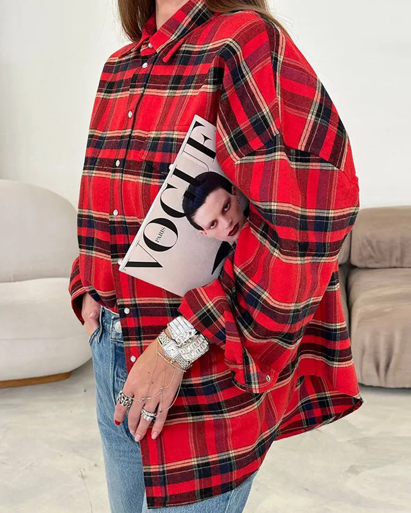 Creamtopmall Notched Lapel Loose-Fit Plaid Long Sleeve Pocket Shirt
