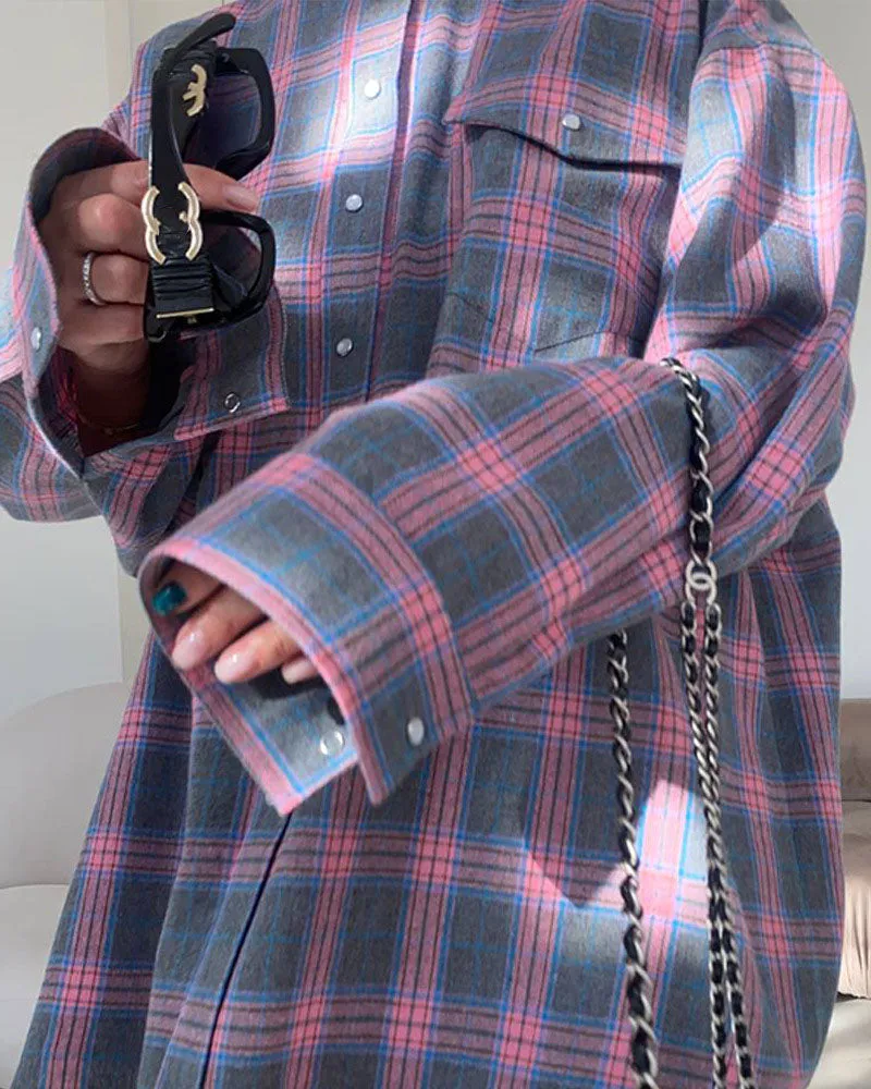 Creamtopmall Notched Lapel Loose-Fit Plaid Long Sleeve Pocket Shirt
