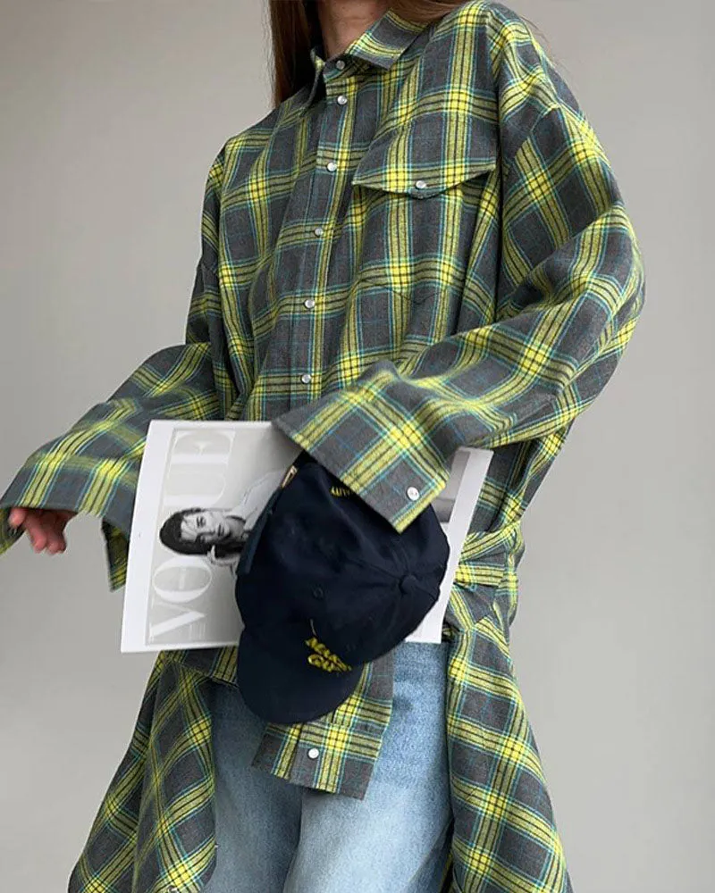 Creamtopmall Notched Lapel Loose-Fit Plaid Long Sleeve Pocket Shirt