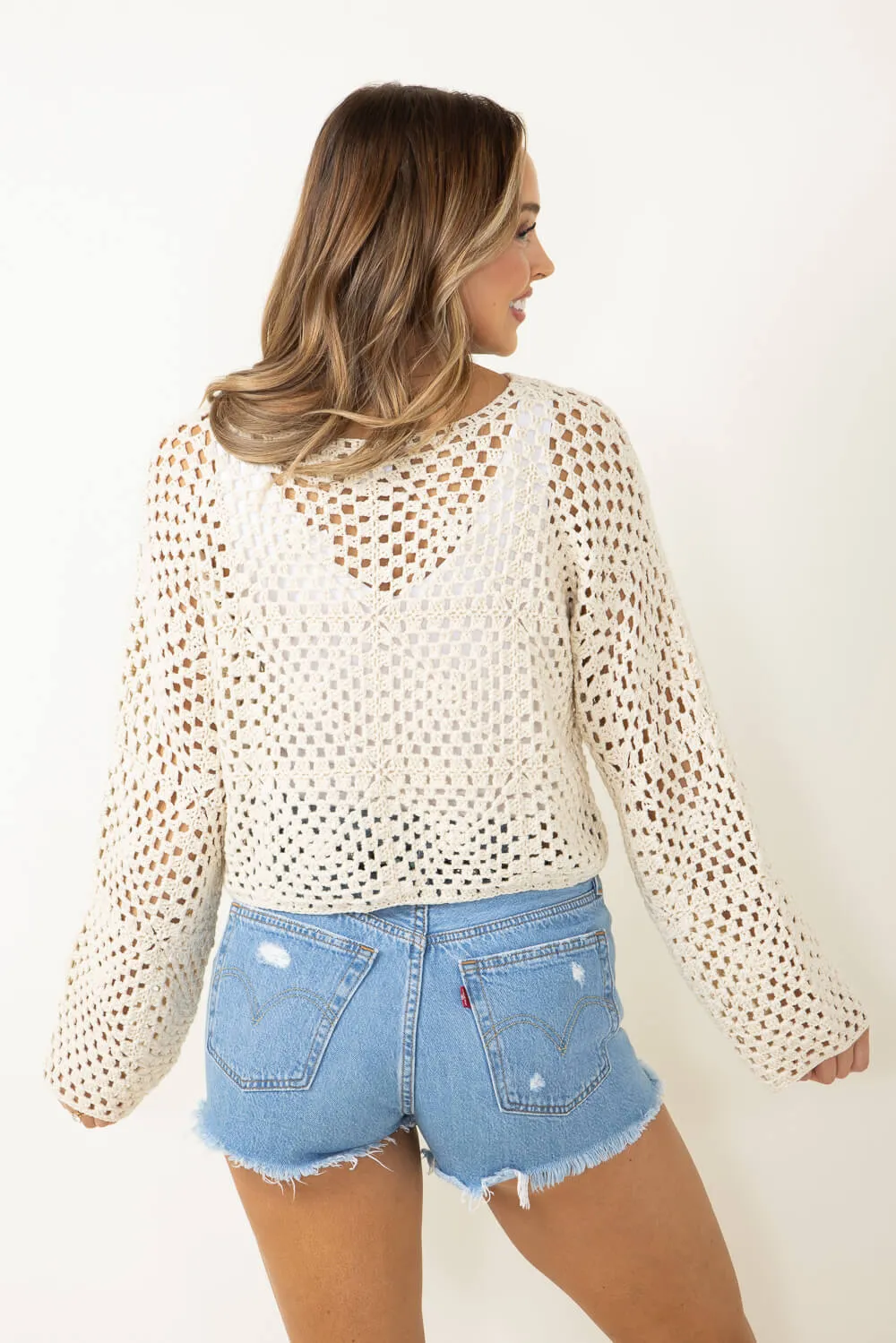 Crochet Long Sleeve Top for Women in Ivory | SWT8346-IVORY