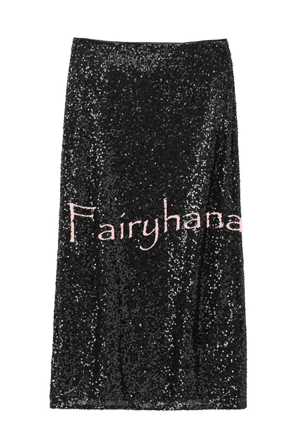 Crushing on You Sequin High Rise Wrap Tie-up Slit Midi Skirt