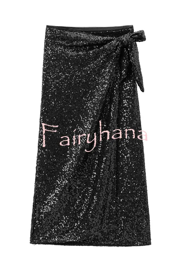 Crushing on You Sequin High Rise Wrap Tie-up Slit Midi Skirt