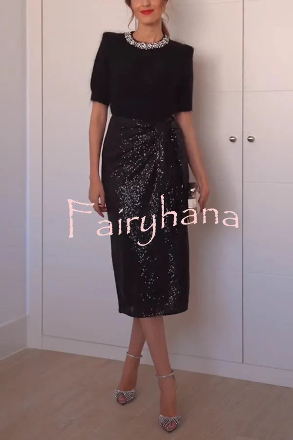 Crushing on You Sequin High Rise Wrap Tie-up Slit Midi Skirt