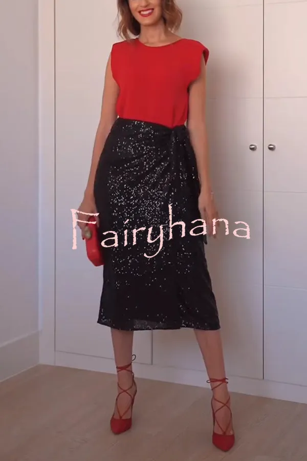 Crushing on You Sequin High Rise Wrap Tie-up Slit Midi Skirt