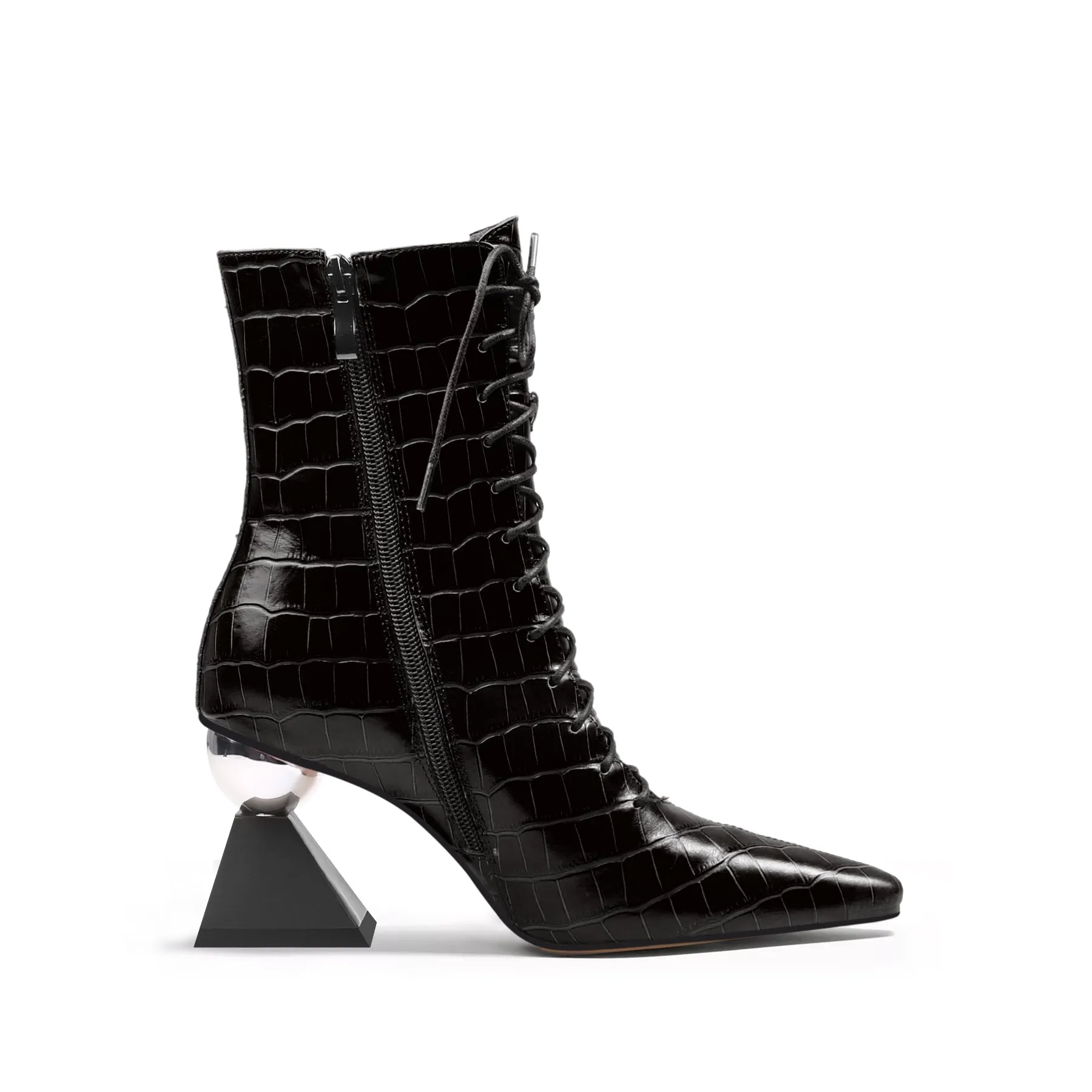 Crystal Heel Croc Embossed Leather Bootie - Black
