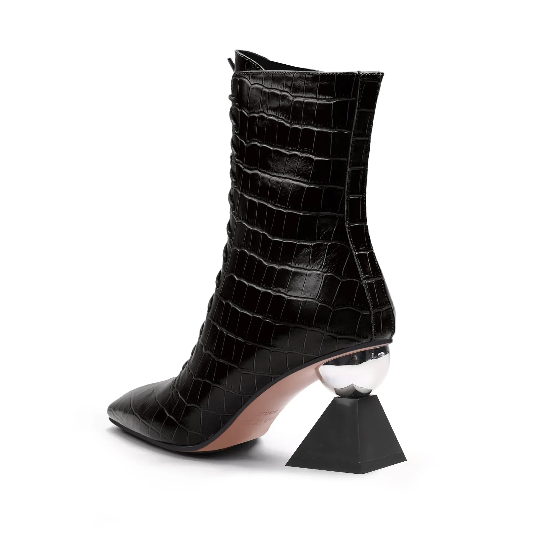 Crystal Heel Croc Embossed Leather Bootie - Black