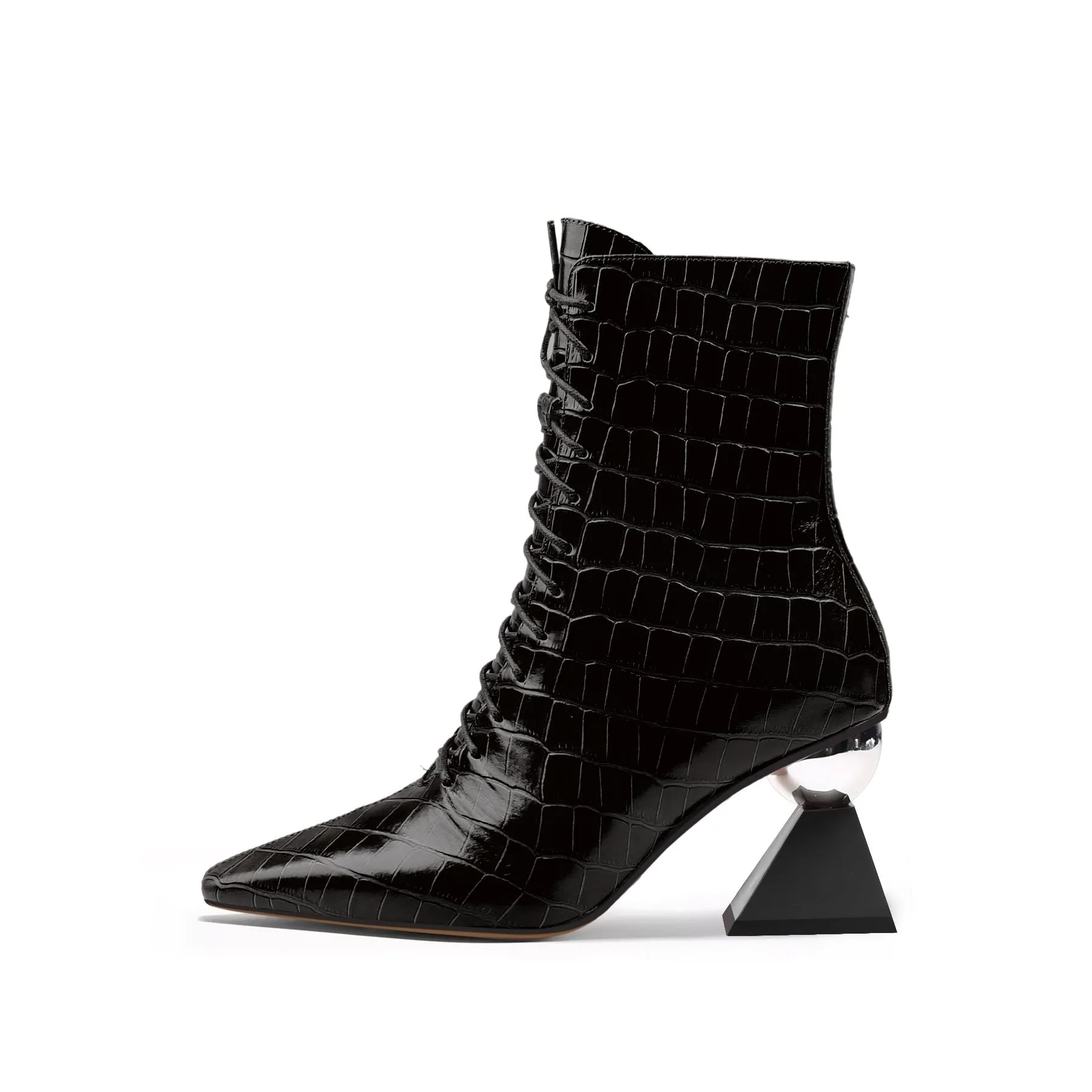 Crystal Heel Croc Embossed Leather Bootie - Black