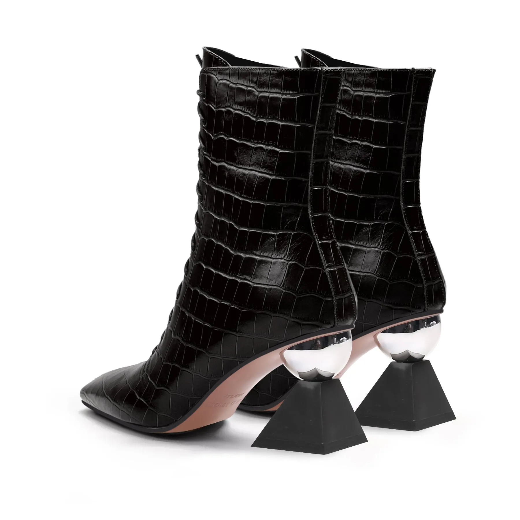 Crystal Heel Croc Embossed Leather Bootie - Black