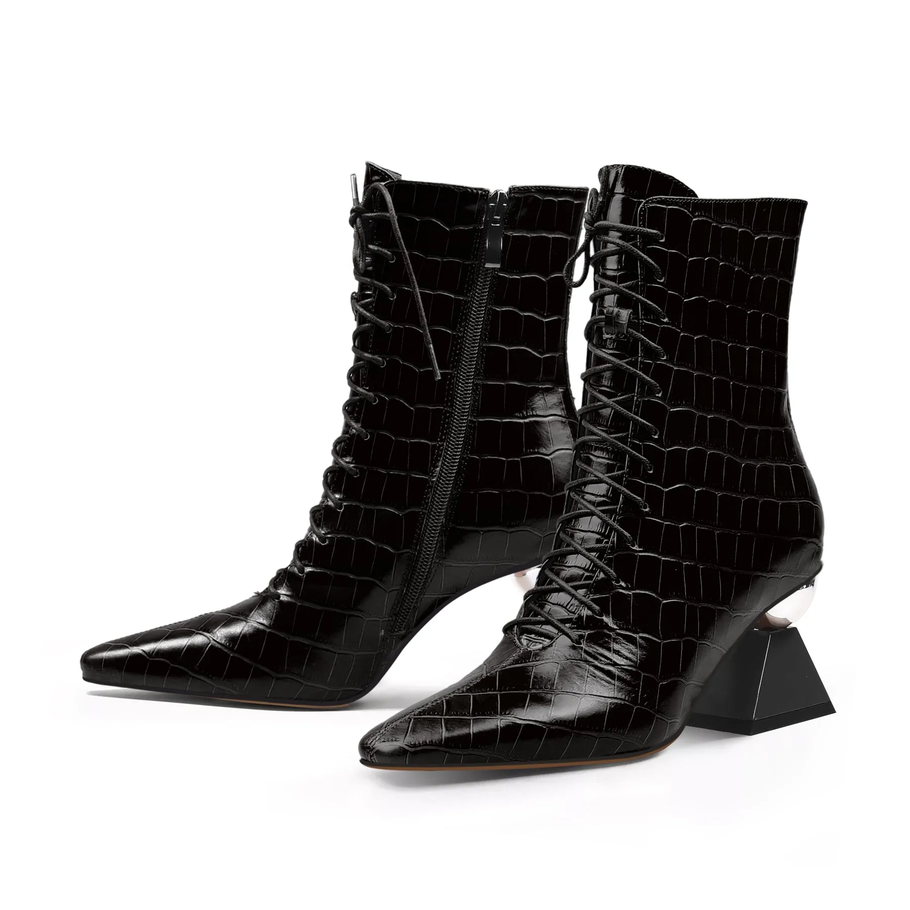 Crystal Heel Croc Embossed Leather Bootie - Black