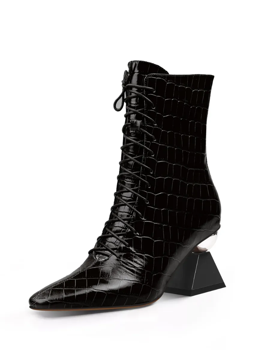 Crystal Heel Croc Embossed Leather Bootie - Black