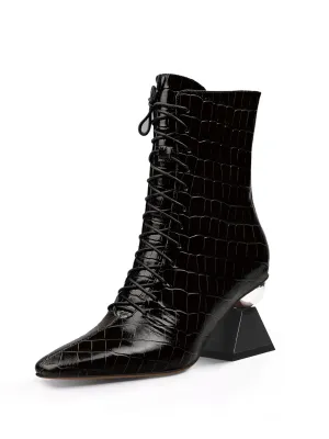 Crystal Heel Croc Embossed Leather Bootie - Black
