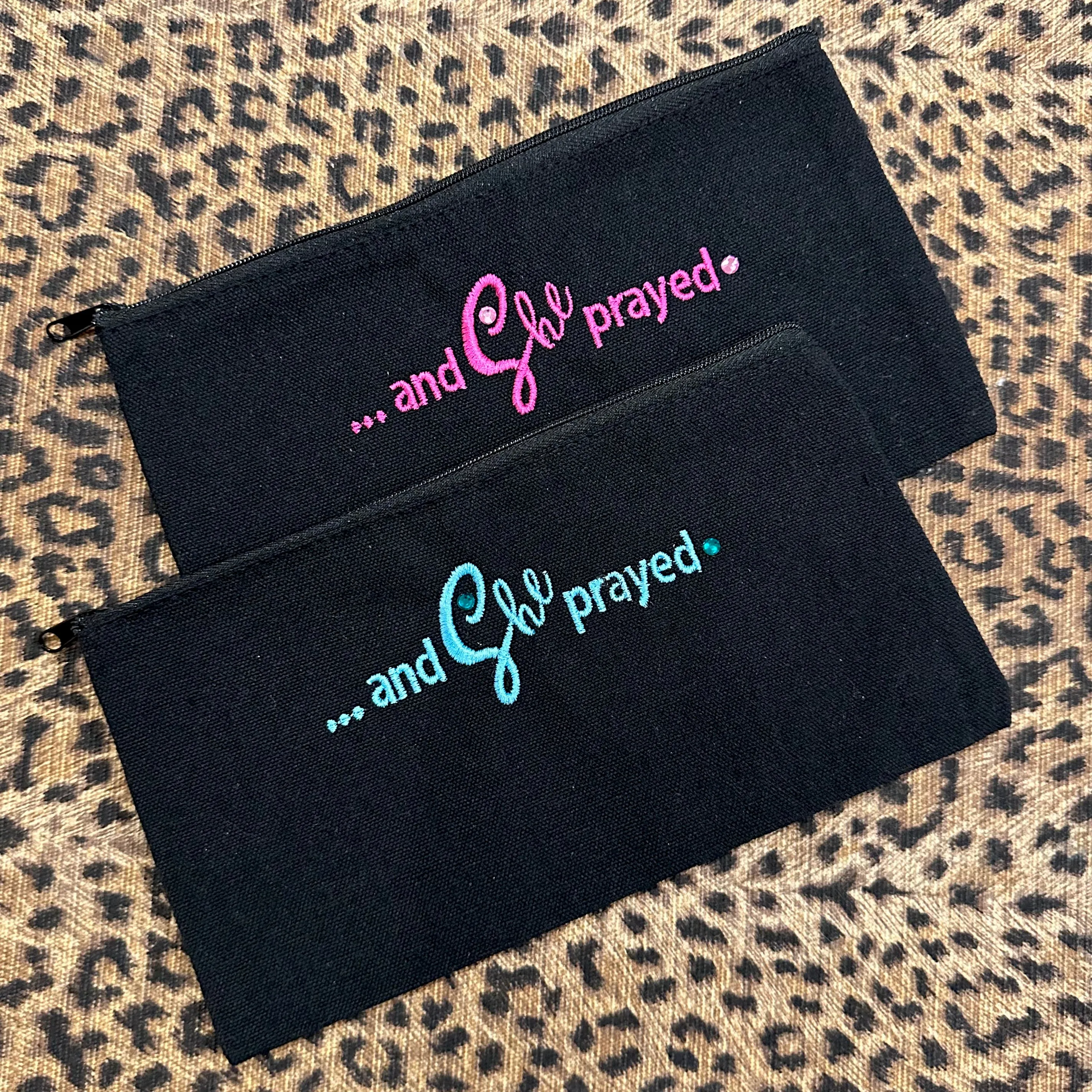 Custom Embroidered Pink Zipper Pouch Bag Gift She Prayed